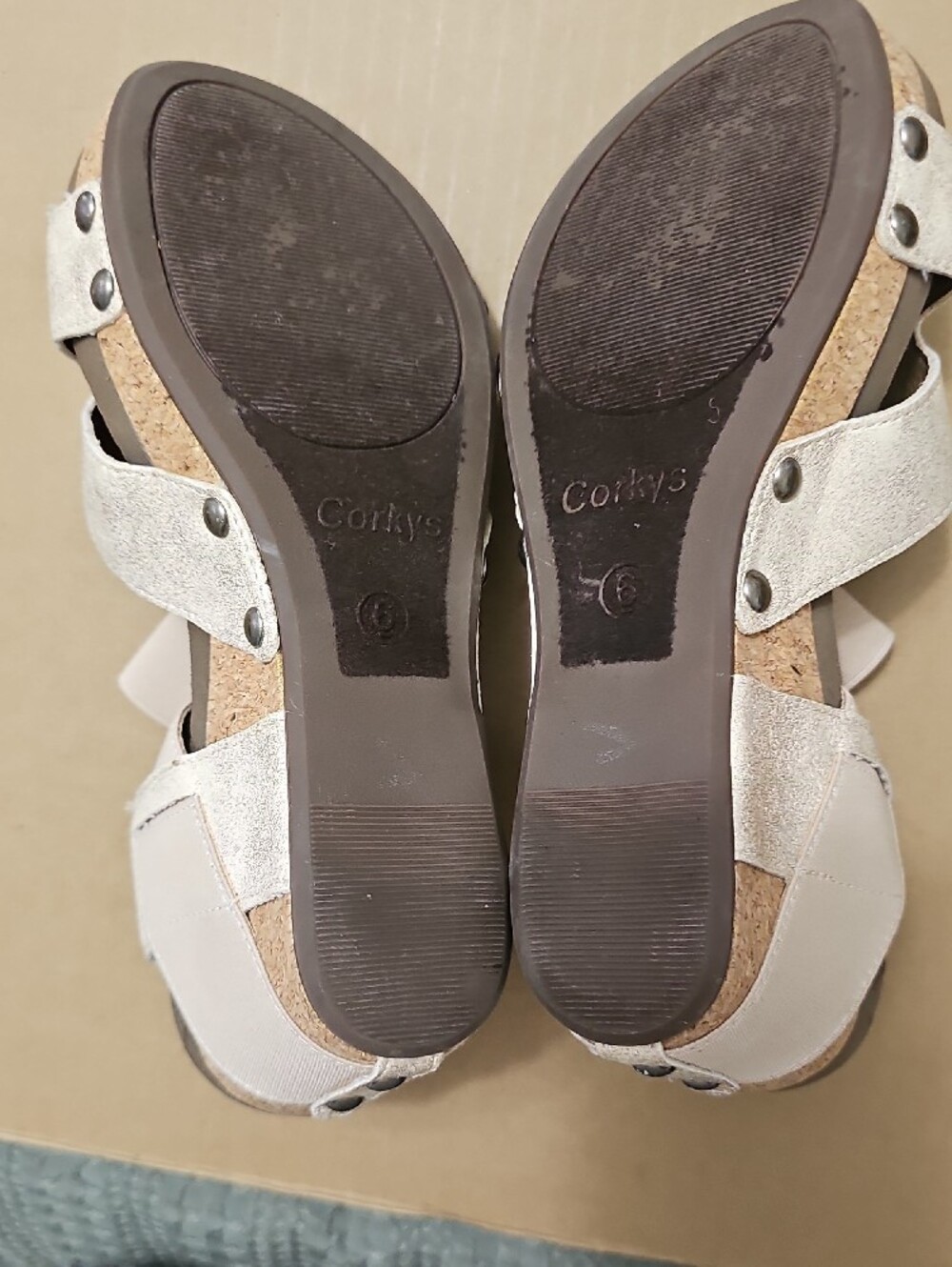 Corkys Boutique Metallic Beige Cork Wedge Sandals - Picture 7 of 8